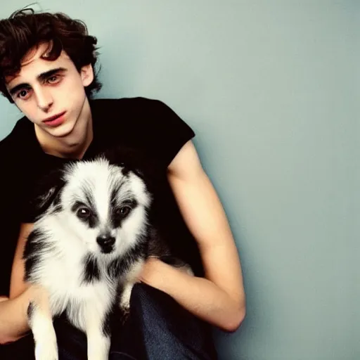 Prompt: timothy chalamet and a puppy, leica s, 5 0 mm lens, kodachrome, 1 9 6 9, shot by platon - h 8 0 4