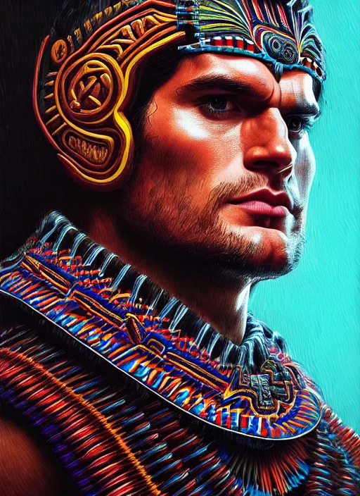 Image similar to portrait of henry cavill, hyper detailed ultra sharp aztec shaman warrior. trending on artstation, warpaint aesthetic, bloodwave, colorful, psychedelic, ornate, intricate, digital painting, concept art, smooth, sharp focus, illustration, art by artgerm and greg rutkowski and h. r. giger, 8 k