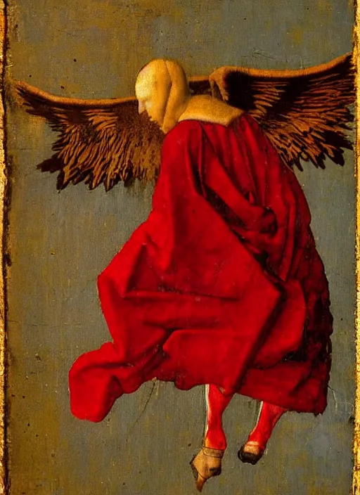 Image similar to Flying Fallen Angel with wings dressed in red, Medieval painting by Jan van Eyck, Johannes Vermeer, Florence