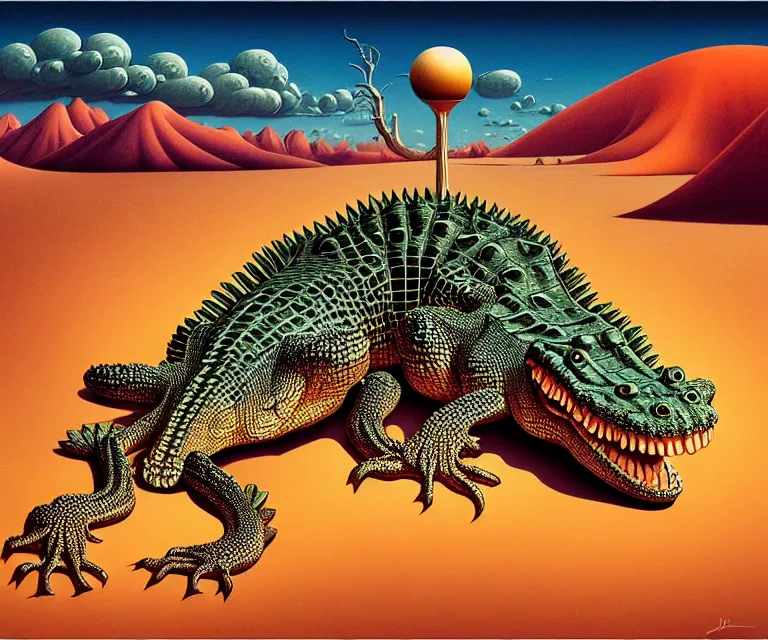 Prompt: hyper detailed 3d render like a Oil painting - a cartoon crocodile in a desert, by Jacek Yerka, Mariusz Lewandowski, Houdini algorithmic generative render, Abstract brush strokes, Masterpiece, Edward Hopper and James Gilleard, Zdzislaw Beksinski, Mark Ryden, Wolfgang Lettl, hints of Yayoi Kasuma, octane render, 8k