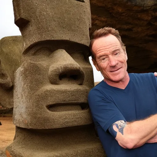 Prompt: an hd 4 k photo, of bryan cranston posing next to a moai statue