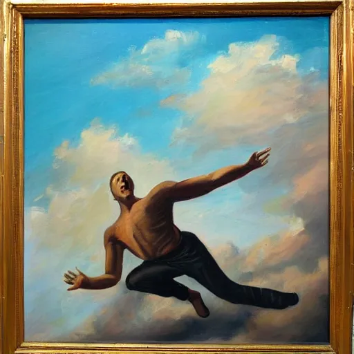 Prompt: expressive oil painting of a man falling form the sky with clouds, view from top looking down,