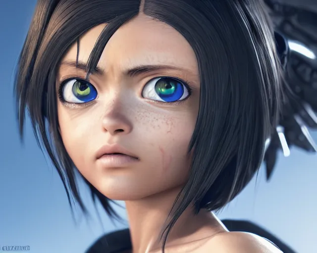 Image similar to battle angel alita, photorealistic, beautiful portrait, lifelike, octane engine, cinematic lighting, high detail, high resolution