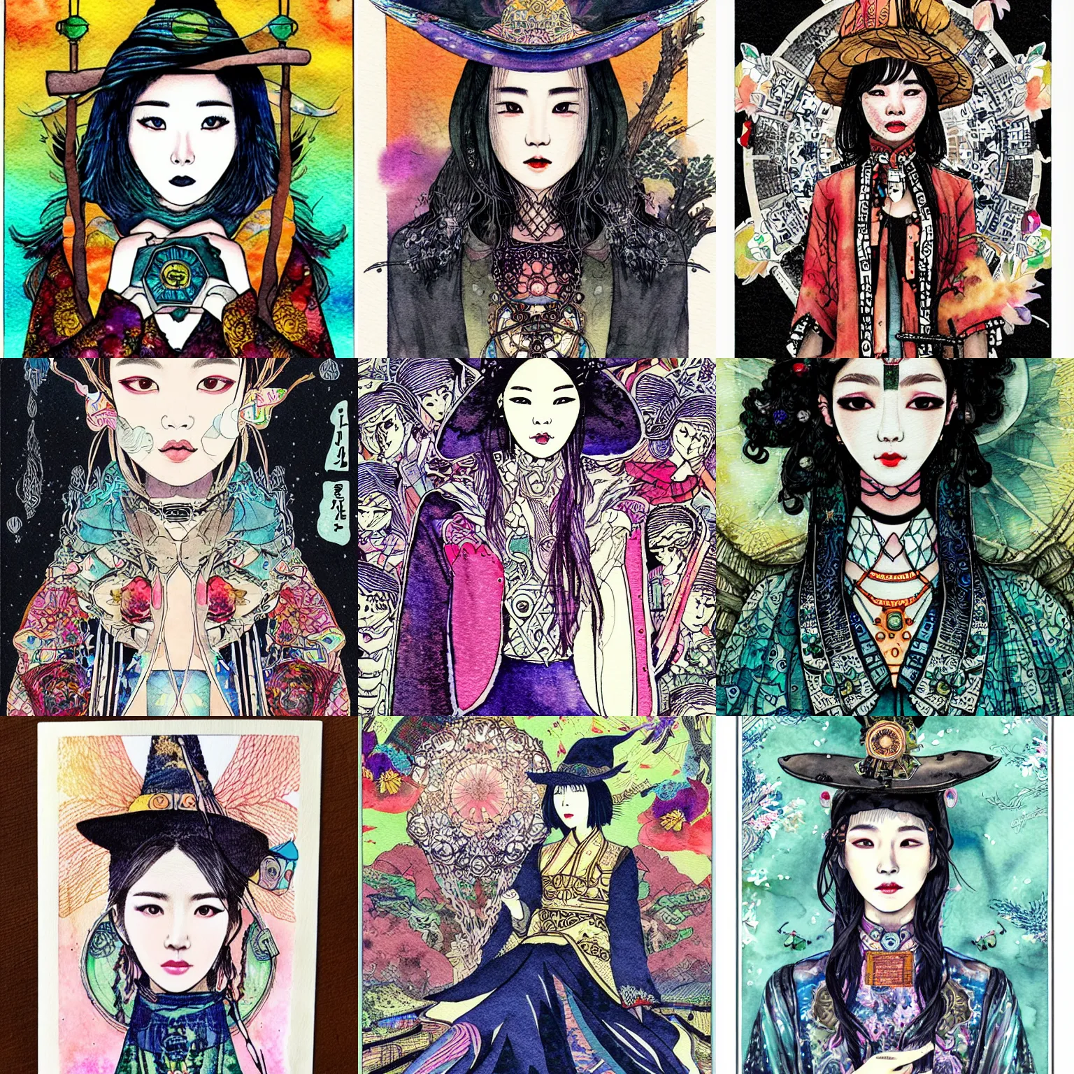 Prompt: korean women's fashion machine witch, intricate watercolor solarpunk tarot portrait by tim doyle