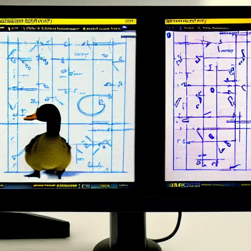 Image similar to a duck scientist in a lab looking at chemistry molecule diagrams on a screen, the duck sits at a table, super resolution, 8k