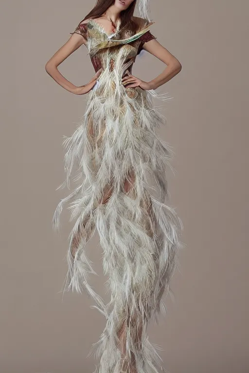 Prompt: a translucent feminine dress made of feathers, fashion design, stylized, oil painting