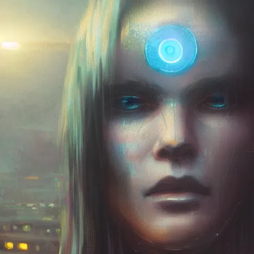 Image similar to neuromancer, closeup portrait of a young beautiful cyberpunk woman, eye implants, sunset, cyberpunk city background, megacity, gorgeous view, depth, painted by seb mckinnon, high detail, digital art, painted by greg rutkowski, trending on artstation