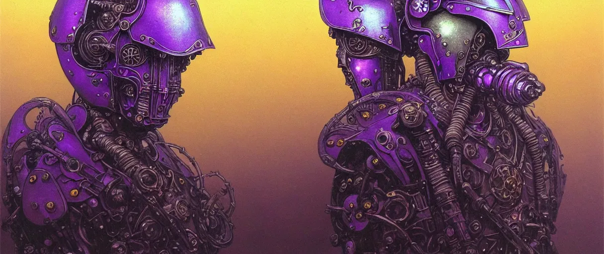 Prompt: composition of gothic and futuristic, warhammer, cyber armor, more scars and fire, many mechflowers, blue head, some purple and yellow, the middle ages, highly detailed, artstation, in the style of moebius, jugendstil and classic japanese print, psychedelic, art by beksinski, bradley, otherworldly, andre le notre