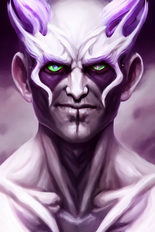 Image similar to human male demon, full body white purple, focus, closup, portrait, hero, character concept art, costume design, black eyes, white horns, trending on artstation, Artgerm , WLOP