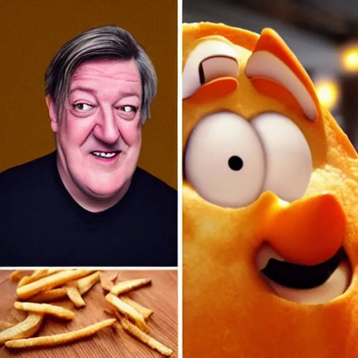 Prompt: photo of [ a single salted french fry chip ] shaped like that looks like ( stephen fry ) as a [ pixar character ] hybrid intercross mix cinematic lighting