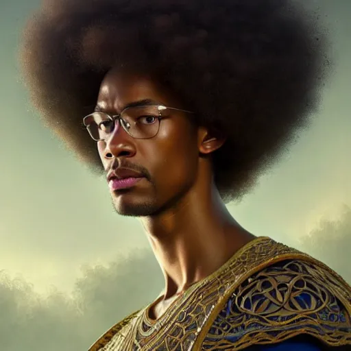 Image similar to Erik Ten Hag with an afro, Ajax coach, closeup, D&D, fantasy, intricate, elegant, highly detailed, digital painting, artstation, concept art, matte, sharp focus, illustration, art by Artgerm and Greg Rutkowski and Alphonse Mucha