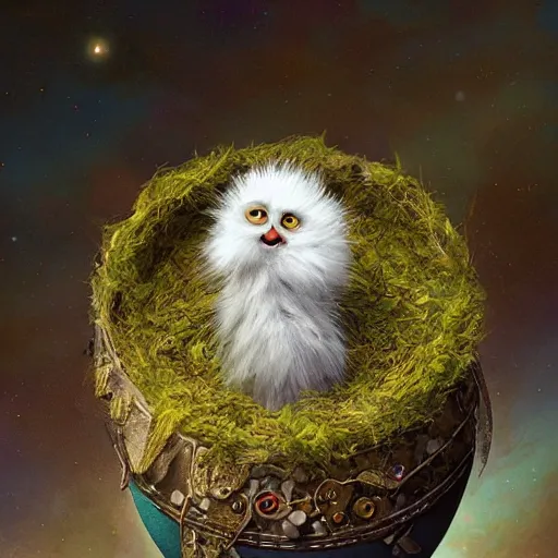 Prompt: long shot of a very furry alien chick nesting in a floral cup, esao andrews, by m. w. kaluta, humorous!!! illustration, hyperrealistic, tilt shift, warm colors, night scenery, low light, 3 d octane render, 4 k, volumetric lights, smooth, cosy atmosphere, conceptart, hyperdetailed, trending on deviantart