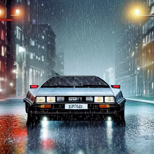 Image similar to hyperdetailed, photorealistic photograph of a dmc 1 2 delorean driving in the streets, rain, night, dense fog, hd, unreal engine 5