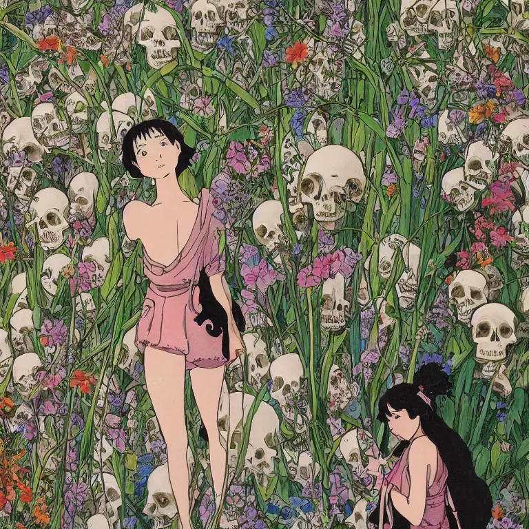 Image similar to young goddess peering from behind an enormous conical pile of skulls with huge flowers on tall stalks behind her, lush painting in the style of studio ghibli