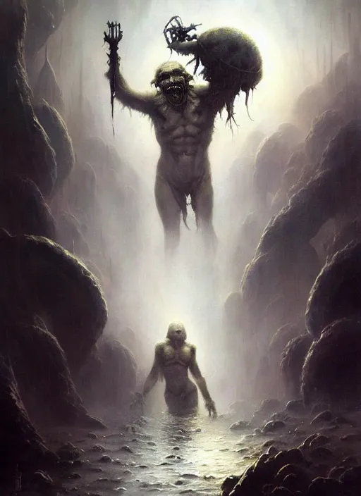 Image similar to shackled in styx river of the underworld, frank frank frazetta and cgsociety, stunning sasquatch, charlie bowater and tom bagshaw, insanely detailed, deviantart, space art, atoms surrounded by skulls, death, and spirits deep water, blood splatters, horror, sci - fi, surrealist painting, by peter mohrbacher