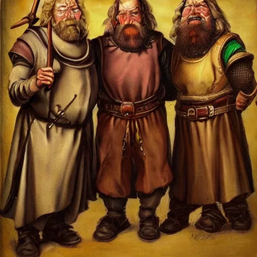 Prompt: Realistic, portrait, three Dwarf Brothers, dungeons and Dragons, medieval painting