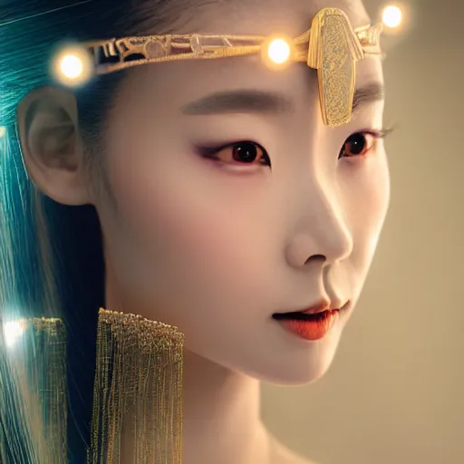 Image similar to closeup photo of beautiful realistic Chinese ancient princess standing in the corridor in the space ship, attractive symmetrical face, big eyes and lips, subtle makeup, clean face and body skin,ecstatic face expression, ornamental jewelry and ancient translucent clothes, futuristic space ship interrior, wires with lights,depth of field, lens flare, moody lighting, moody photography, old photo, black and white, sepia, cinematic lighting, cinematic angle, editorial photography