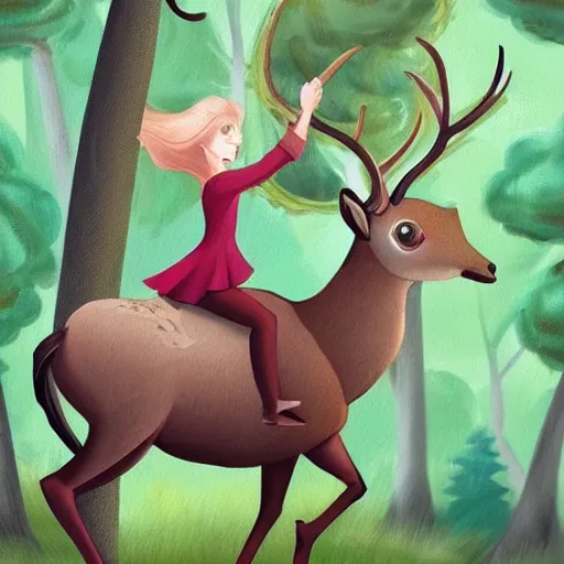 Prompt: girl riding a giant deer in the forest, trending on art station