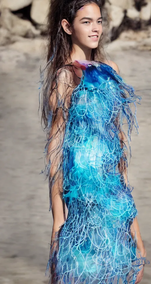 Prompt: Olivia Rodrigo wearing a jellyfish dress, Professional Model, Fashion Advertising Campaign