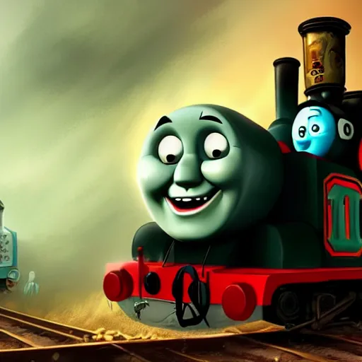 Prompt: gloomy and frightening creepy smiling thomas the engine goes straight to hell, artstation
