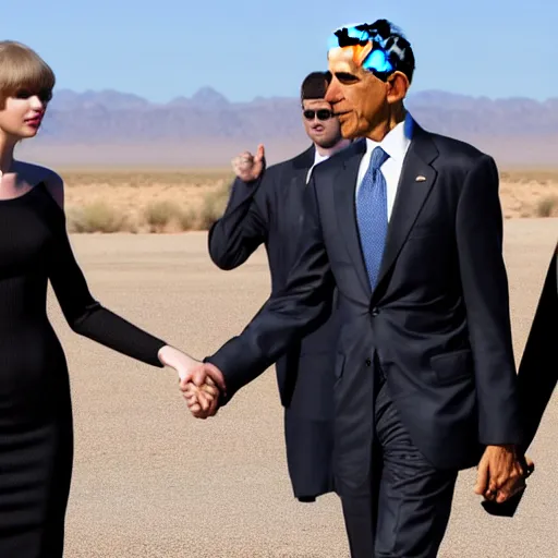 Prompt: Taylor Swift holding hands with Obama on a desert highway, distant, mid day, noon, desert, centered