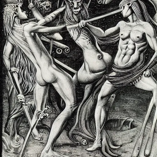 Image similar to A body art of two people, one a demon and the other a human, fighting each other with swords. winter, buff by Ernst Fuchs a e s t h e t i c