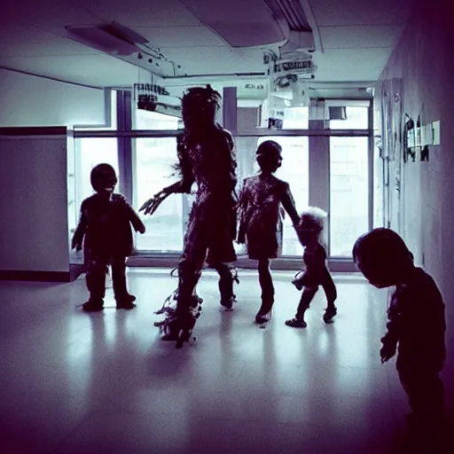 Image similar to “ zombie childs in a futuristic hospital ”