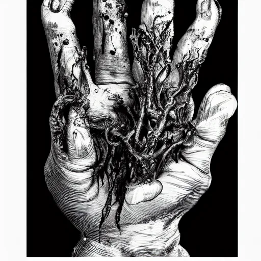 Image similar to the withered hand, a rotting severed hand, 5 fingers | black and white detailed art-piece | baroque artstyle |