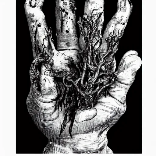 Prompt: the withered hand, a rotting severed hand, 5 fingers | black and white detailed art-piece | baroque artstyle |