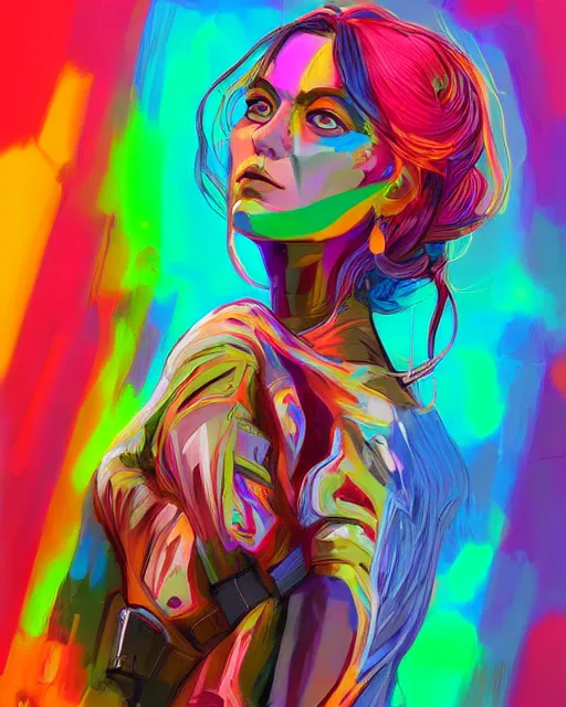 Image similar to colorful character portrait of a female hippie, set in the future 2 1 5 0 | highly detailed face | very intricate | symmetrical | professional model | cinematic lighting | award - winning | painted by mandy jurgens | pan futurism, dystopian, bold colors, cyberpunk, groovy vibe, anime aesthestic | featured on artstation