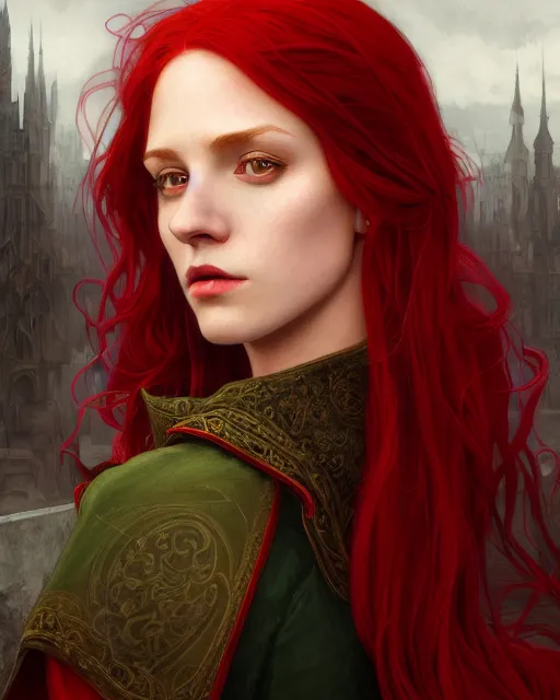 Image similar to long fancy red hair mage, portrait, gentle, scowl, cloth, female, city background, d & d, fantasy, intricate, elegant, digital painting, red green color palette, artstation, octane render, concept art, matte, sharp focus, illustration, herrarthstone, art by artgerm and greg rutkowski and alphonse mucha