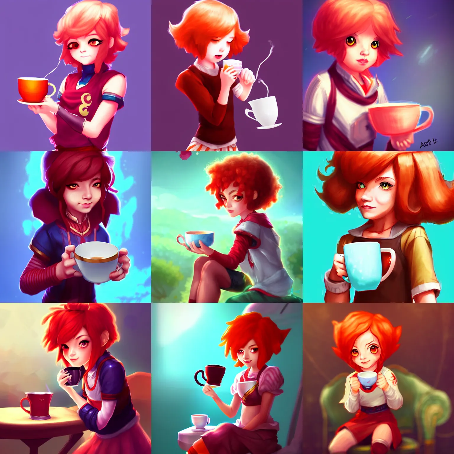 Prompt: Annie (league of legends), drinking tea.digital art on artstation