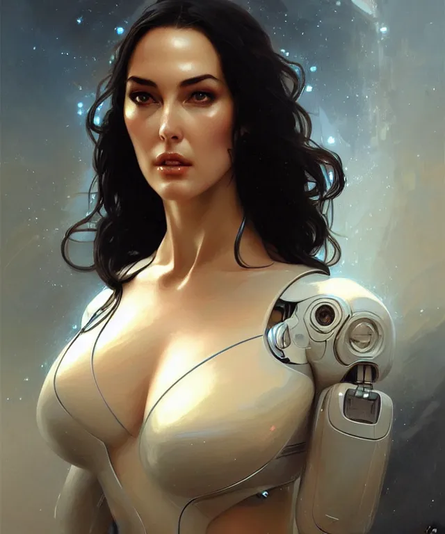 Prompt: a robot with a monica bellucci face, sci - fi face, elegant, highly detailed, digital painting, artstation, concept art, smooth, sharp focus, illustration, art by artgerm and greg rutkowski and alphonse mucha