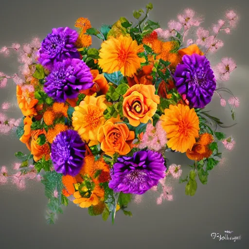 Image similar to a beautiful stunning fantasy matte digital painting of a bouquet made of orange roses and orange chrysanthemums and purple poppies and green eucalyptus and green flora, a photograph painted in the style of Bridal Magazine, professional floral arrangement, professional lighting, trending on artstation hq, contest winner