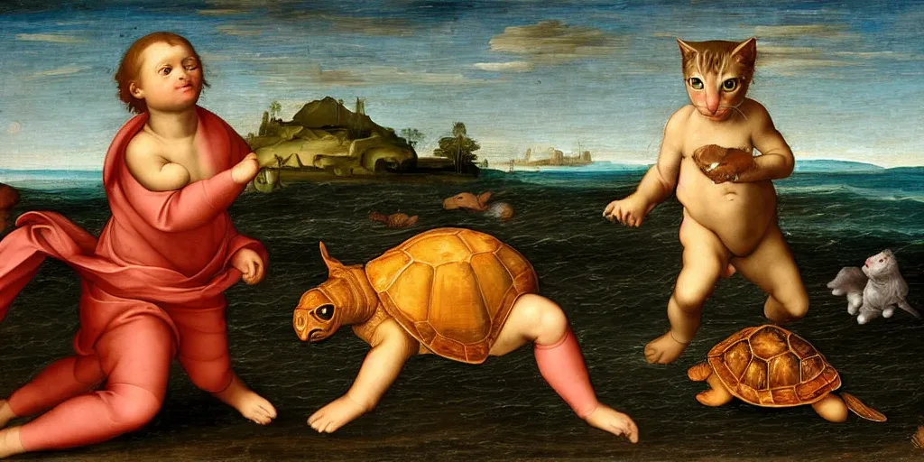 Prompt: renaissance painting of a cat on the beach playing with a turtle in the ocean