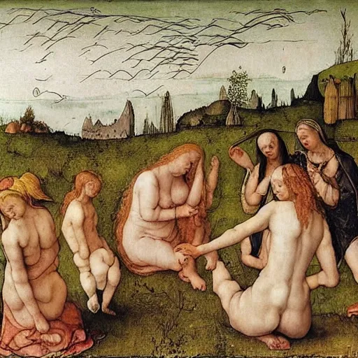 Prompt: “women bathing in a lake by albrecht Dürer”