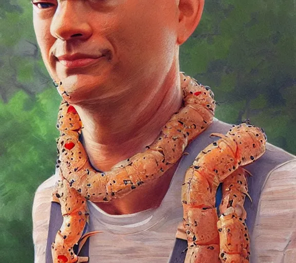 Image similar to Tom hanks as forrest gump wearing a necklace made out of shrimps around the neck, realistic face, digital art, in the style of Raphael Lacoste, amazing detail, artstation