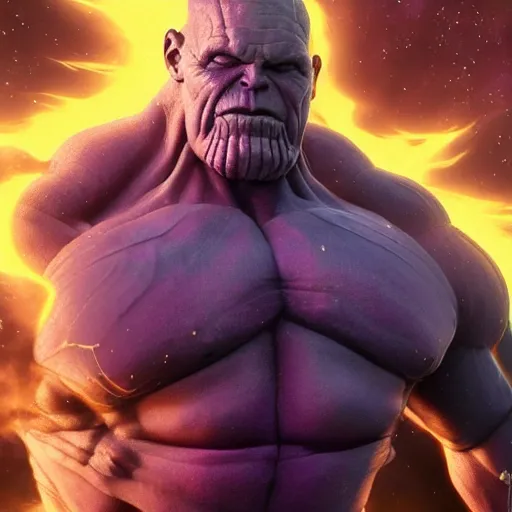 Image similar to thanos going super sayain, au naturel, hyper detailed, digital art, trending in artstation, cinematic lighting, studio quality, smooth render, unreal engine 5 rendered, octane rendered, art style by klimt and nixeu and ian sprigger and wlop and krenz cushart