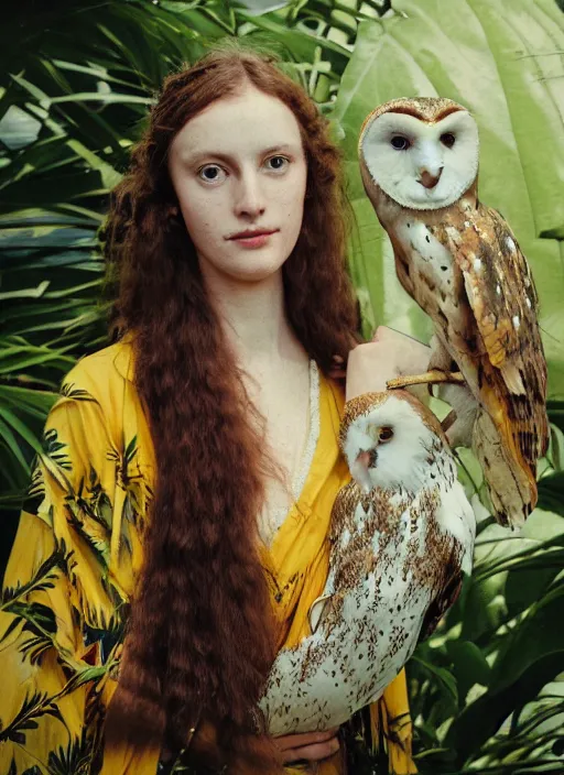 Image similar to Pre - raphaelit grainy head to shoulder portrait Polaroid film photograph of an elegant top model wearing a yellow kimono with a very detailed barn owl on her shoulder!!! in a tropical greenhouse. looking at the camera!!. super resolution. Extremely detailed. Polaroid 600 film.