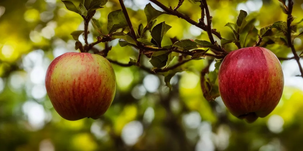 Image similar to a close - up photographic picture of an apple on a tree, photographic filter, unreal engine 5, realistic, hyperdetailed, 8 k, cinematic, volumetric lighting, very realistic effect, hd, hdr, 4 k, sharp focus, octane render, ultra detailed, high resolution, trending on artstation in the style of albert dros glowing rich colors powerful imagery