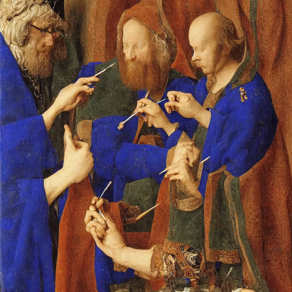 Image similar to close up of the artist hands painting a miniature, lapis - lazuli. painting by jan van eyck