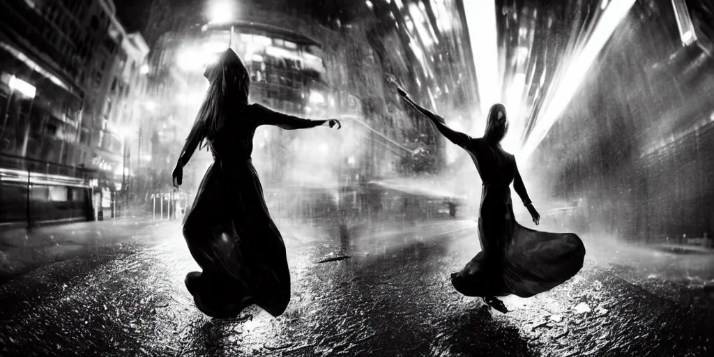 Prompt: fisheye lens slow motion with trail effect of futuristic beautiful break dancer wearing floating long dress emitting light, long exposure shot , at night in the middle of a rainy street, paddle of water, steam, fog, water splashes, rim lights, glossy reflections, water droplets on lens, octane render, dark and dramatic, cold and warm tones, explosion in the background, detailed and soft, fisheye lens, smooth, sharp focus, illustration, art by artgerm and greg rutkowski