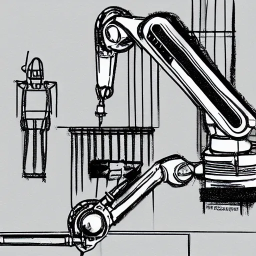 Prompt: a sketch of a industrial robot blending metal