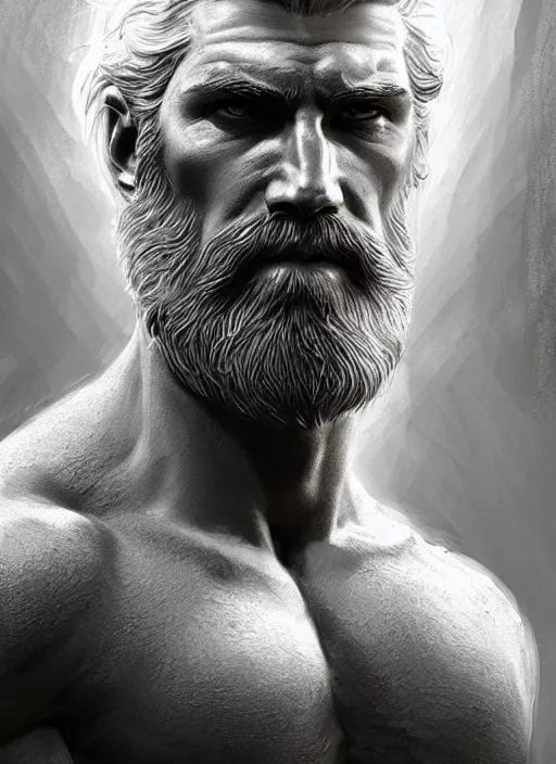 Image similar to painted portrait of rugged zeus, greek god, white hair, masculine, mature, handsome, upper body, muscular, hairy torso, fantasy, intricate, elegant, highly detailed, digital painting, artstation, concept art, smooth, sharp focus, illustration, art by gaston bussiere and craig mullins