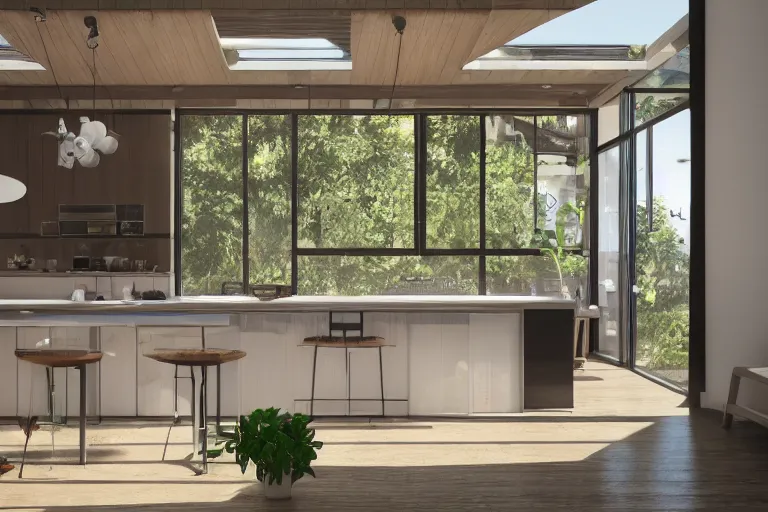 Prompt: solarpunk modern kitchen in a mountain mansion, liminal space, high detail, rendered in unreal engine, 3d render, god rays, volumetric lighting, HDR, subsurface scatter, mansion, interior, large windows, rich house