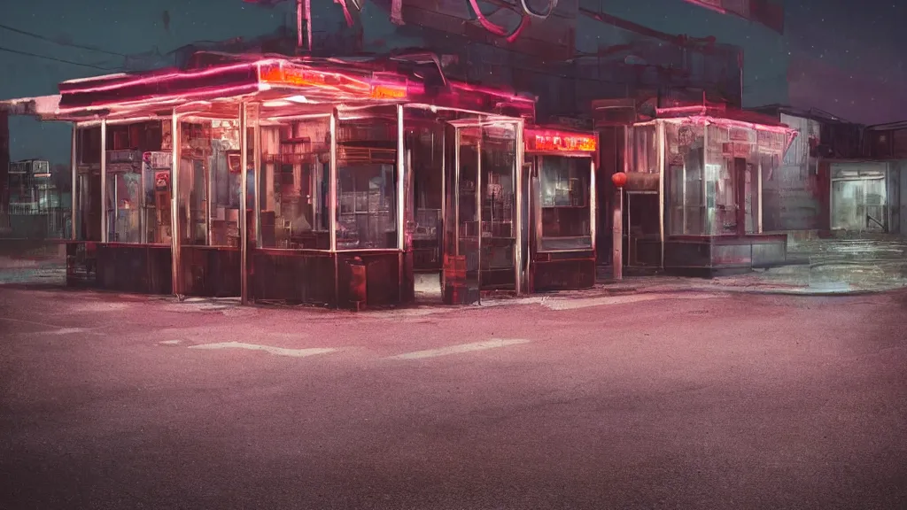 Image similar to an empty parking lout outside an abandoned retro diner at night, by lee madgwick and bastien lecouffe - deharme, pink and orange neon lights, highly detailed, photorealistic, artstation trending, cryenging 8 k uhd