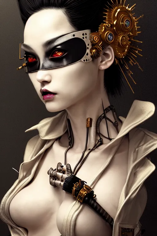 Image similar to soft lustrous ivory ebony geisha yakuza raver gutter punk gothic biotech steampunk cyborg, golden ratio, details, scifi, fantasy, cyberpunk, intricate, decadent, highly detailed, digital painting, octane render, artstation, concept art, smooth, sharp focus, illustration, art by artgerm, loish, wlop