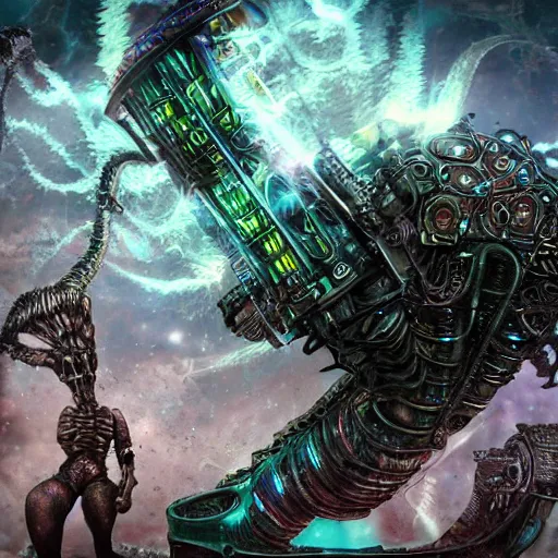 Prompt: phyrexian dreadnought plus borg queen hybrid with protomolecule vesicles being possessed by the machine spirit artists tram pararam and doctor seuss with beryl cook and hr giger neon high contrast cinematic light, mystical shadows, sharp focus, warhammer fourty k, octane render