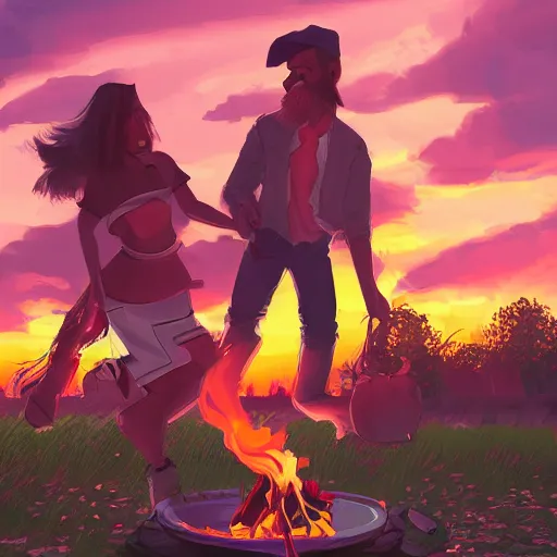 Prompt: team discussing around bonfire, sunset, third person view, clothes with pattern of pieces of watermelon, detailed, artstation,