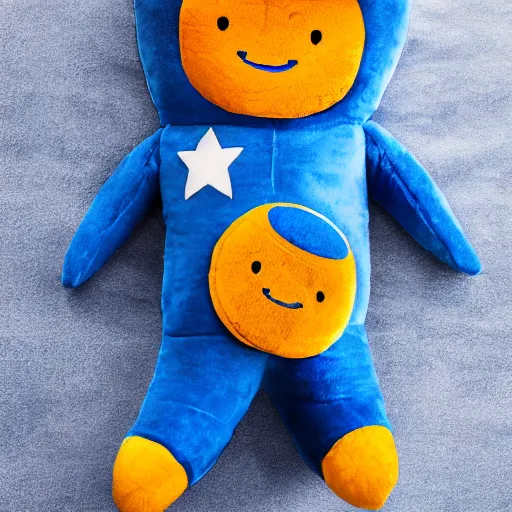 Image similar to blue'snappy gifts'human - sized plush doll, on the moon, holding gift, happy atmosphere, high detail, soft lighting, 8 k